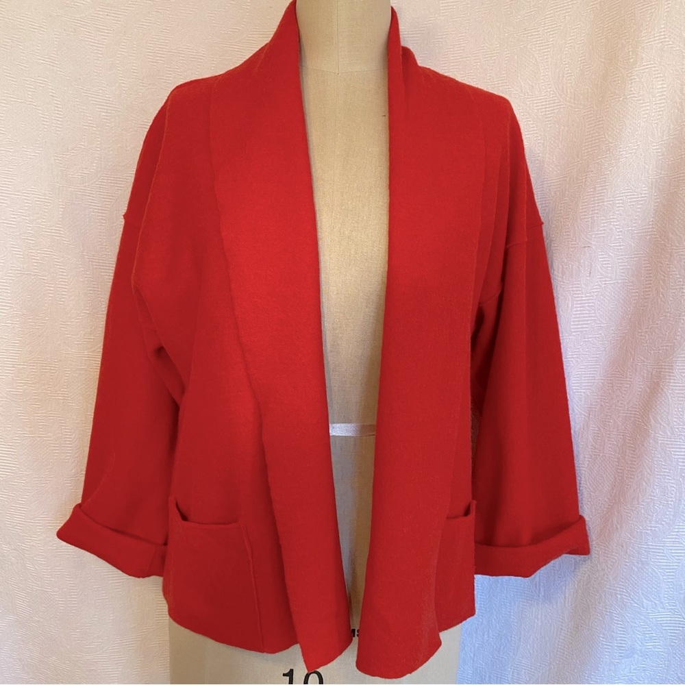 Eileen Fisher XS-M orangey/red lightweight sweater/jacket merino boiled wool